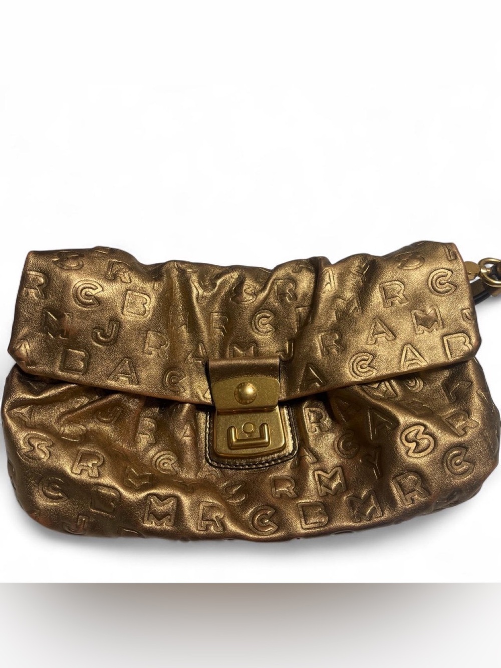 Marc by Marc Jacobs Gold Metallic Embossed Dreamy Logo Turnlock Clutch NWT